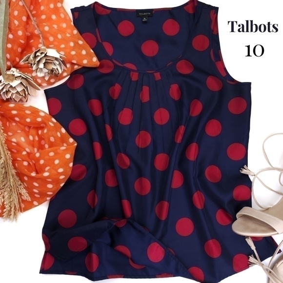 TALBOTS  Navy Red Polka Dot Pleated Sleeveless Polka Top Sz 10 - Picture 1 of 7